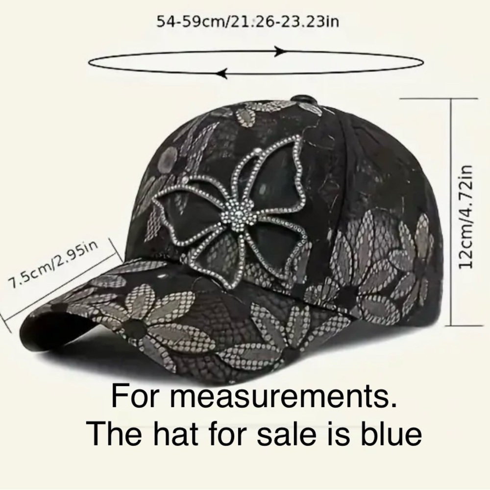 New, Floral& Rhinestone Embellished Cap - Blue and Black - Picture 6 of 9